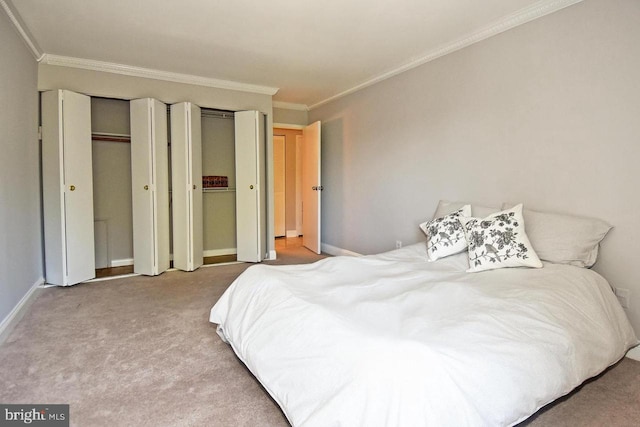 bedroom featuring baseboards, carpet, multiple closets, and ornamental molding