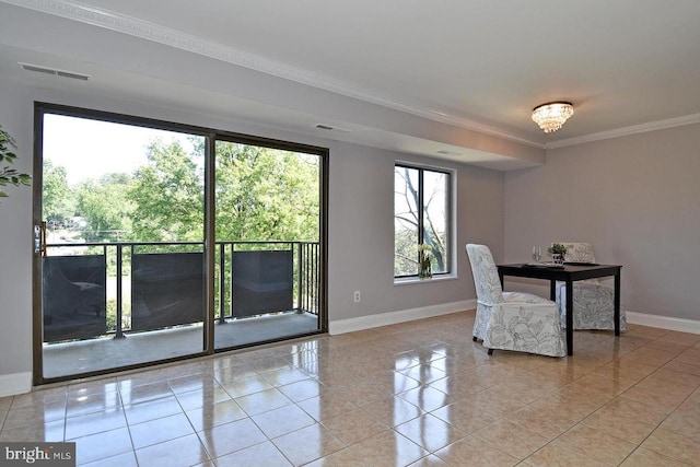 dining room with crown molding, light tile patterned floors, visible vents, and baseboards