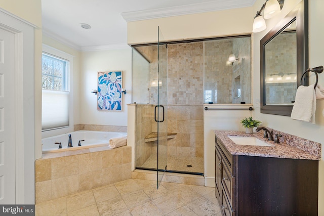 full bath with tile patterned floors, a stall shower, crown molding, a bath, and vanity