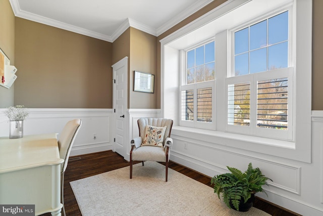 office space with wainscoting, ornamental molding, and dark wood finished floors