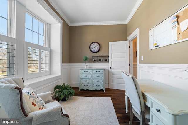 home office with wainscoting, crown molding, and dark wood-type flooring