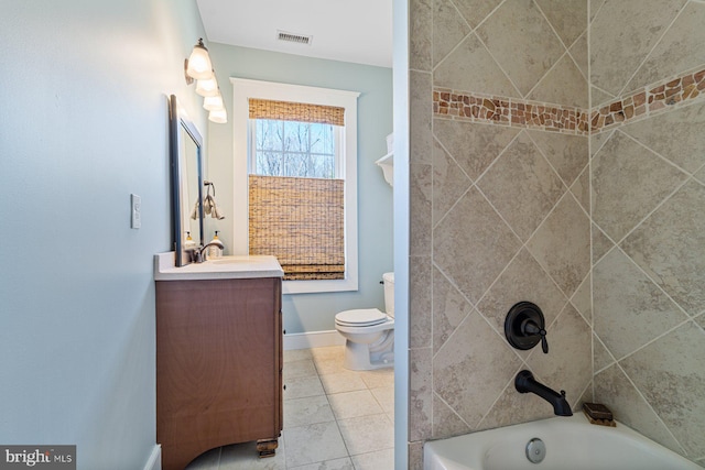 bathroom with visible vents, toilet, shower / washtub combination, baseboards, and vanity