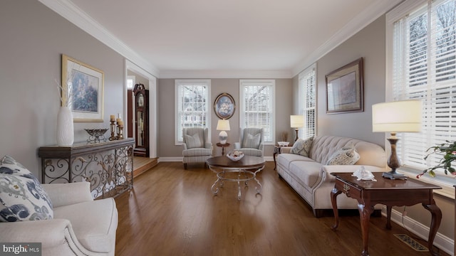 living area with baseboards, visible vents, ornamental molding, and wood finished floors