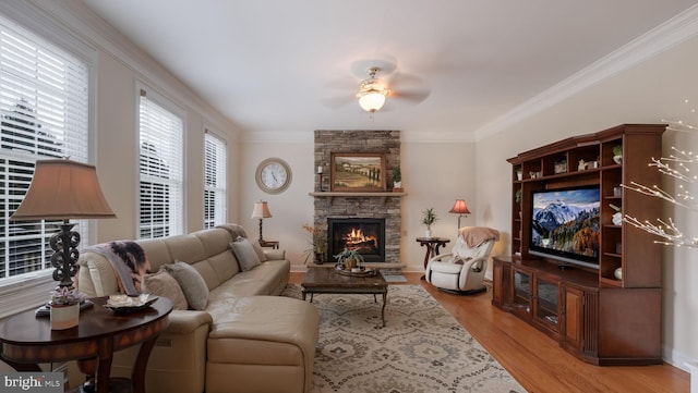 living room featuring ceiling fan, light wood-type flooring, a fireplace, and crown molding