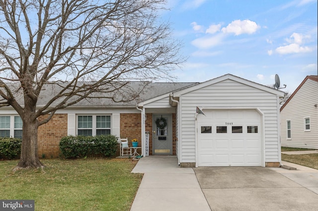 ranch-style house featuring brick siding, an attached garage, a front yard, roof with shingles, and driveway