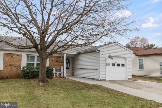 ranch-style home with a garage, driveway, brick siding, and a front yard