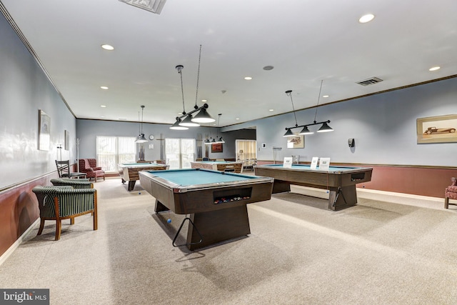 rec room featuring a wainscoted wall, visible vents, recessed lighting, pool table, and crown molding