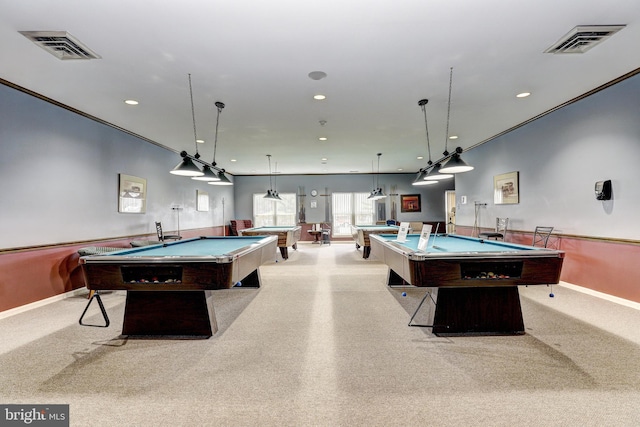 game room with recessed lighting, visible vents, and billiards