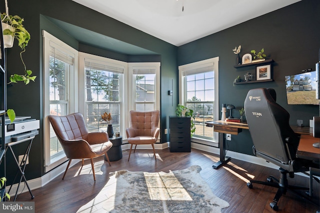 office with baseboards and wood-type flooring