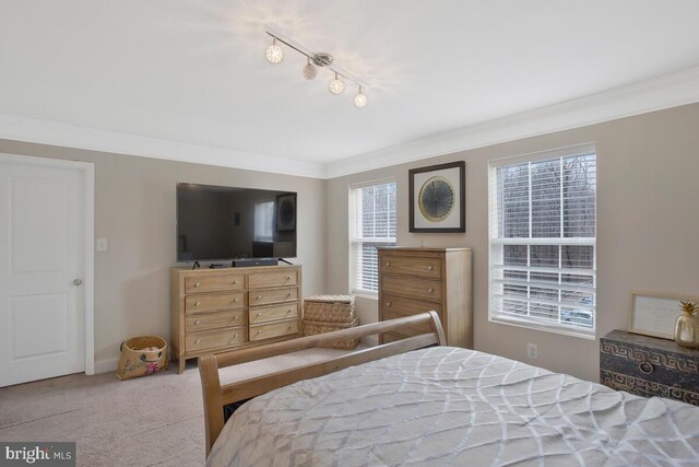 carpeted bedroom featuring rail lighting, baseboards, and crown molding