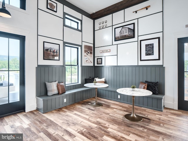 mudroom with a towering ceiling, plenty of natural light, and wood finished floors