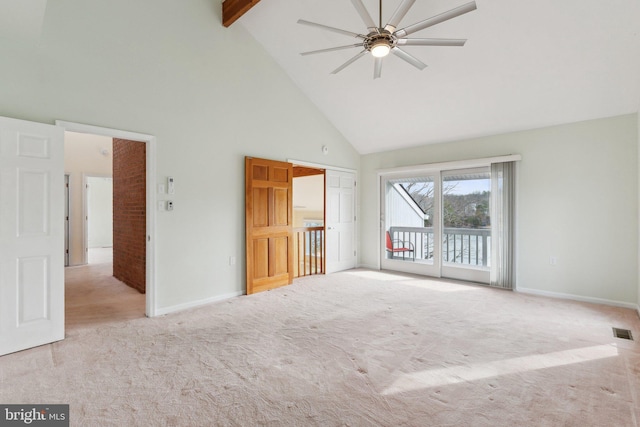 12106 Preston Dr, Lusby, MD 20657 - interior space featuring carpet flooring, access to outside, high vaulted ceiling, baseboards, and visible vents