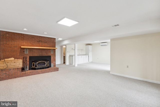 12106 Preston Dr, Lusby, MD 20657 - unfurnished living room with an AC wall unit, carpet, recessed lighting, baseboards, and visible vents