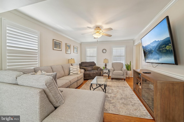 living room featuring crown molding, a ceiling fan, and wood finished floors