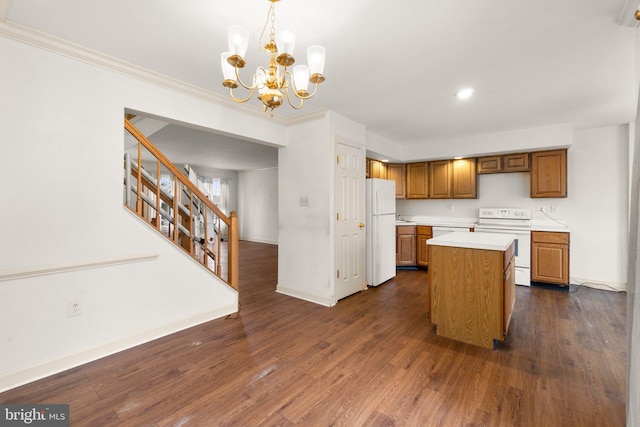 kitchen with white appliances, dark wood-type flooring, light countertops, brown cabinets, and a center island