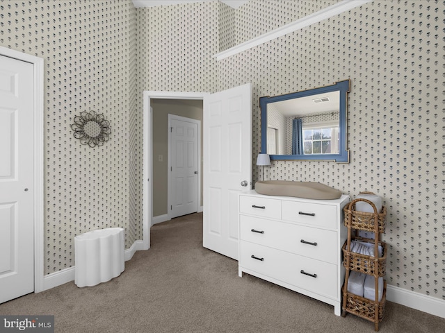 8512 Pine Springs Dr, Severn, MD 21144 - bathroom with wallpapered walls, baseboards, and carpet flooring