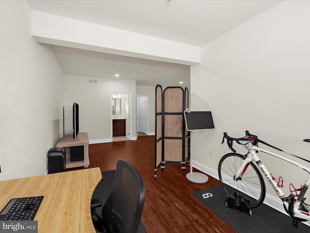 8512 Pine Springs Dr, Severn, MD 21144 - workout area with dark wood-style flooring, baseboards, and recessed lighting