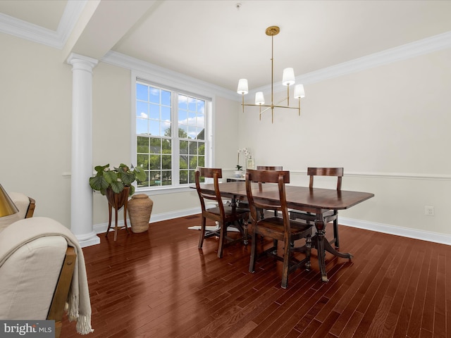 8512 Pine Springs Dr, Severn, MD 21144 - dining room with crown molding, a chandelier, decorative columns, baseboards, and wood finished floors