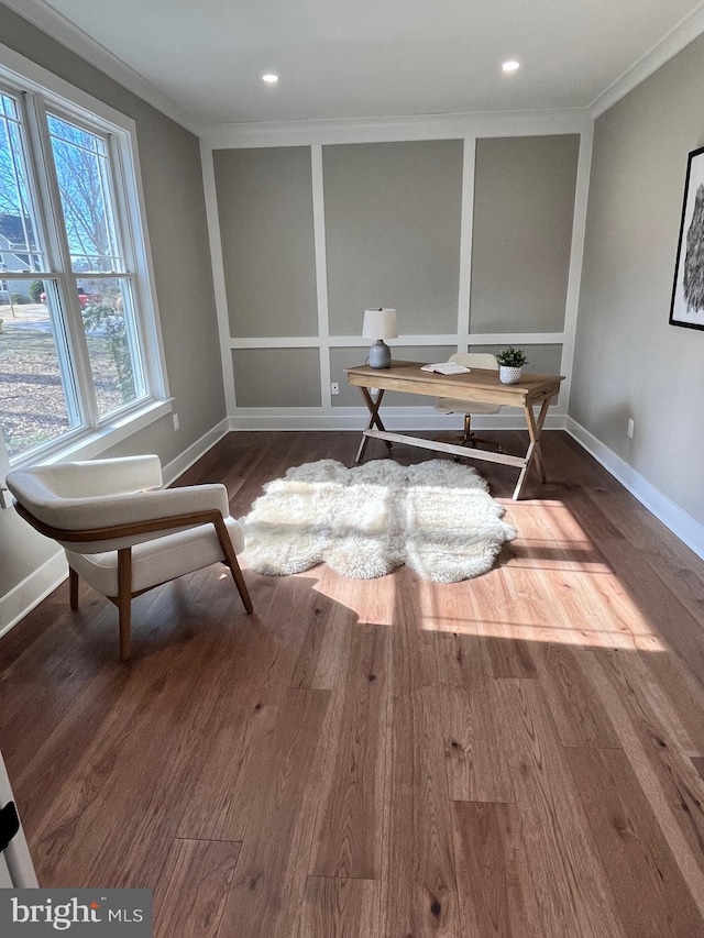 office area featuring recessed lighting, crown molding, baseboards, and wood finished floors