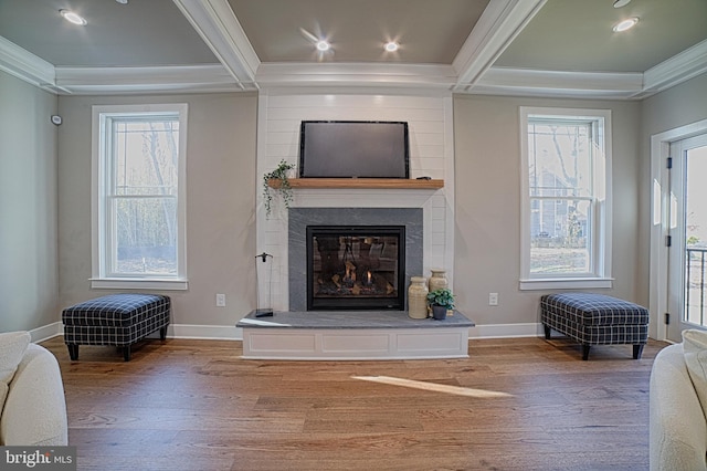 living area with light wood-type flooring, a large fireplace, crown molding, and baseboards