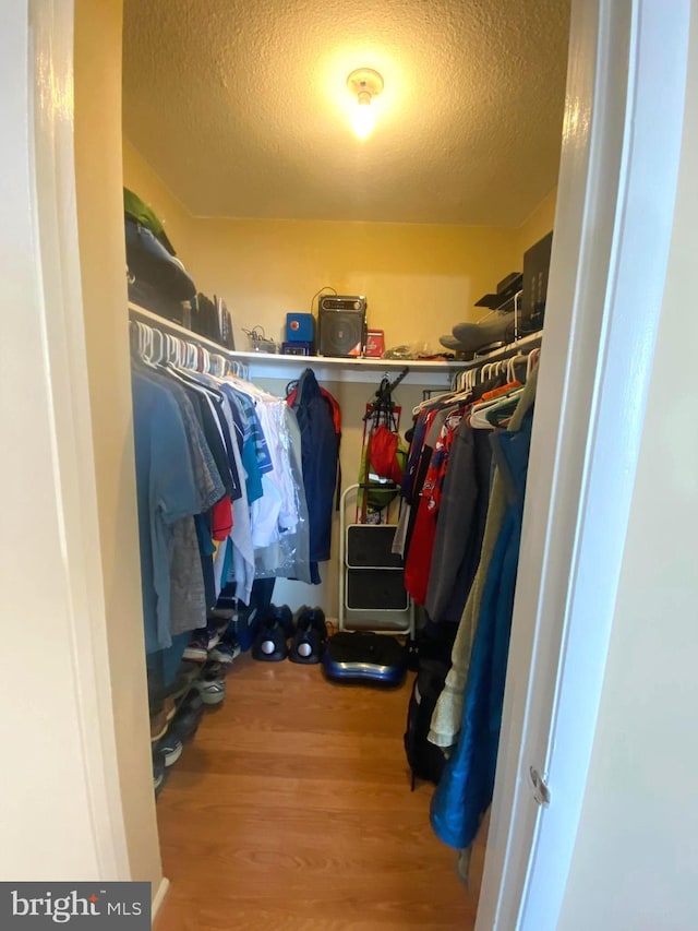 walk in closet with wood finished floors