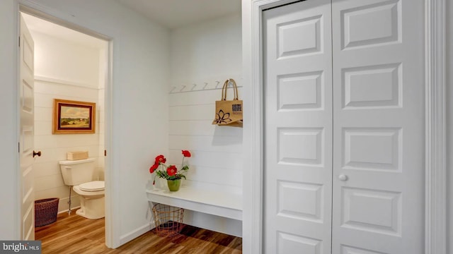 bathroom with a closet, wood finished floors, toilet, and baseboards