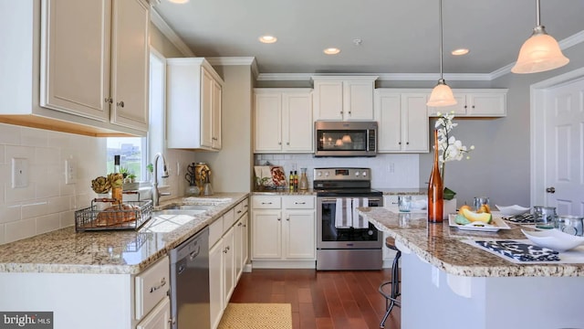 kitchen with appliances with stainless steel finishes, dark wood finished floors, ornamental molding, and a sink