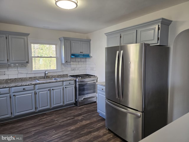 kitchen with gray cabinetry, under cabinet range hood, dark wood finished floors, stainless steel appliances, and a sink