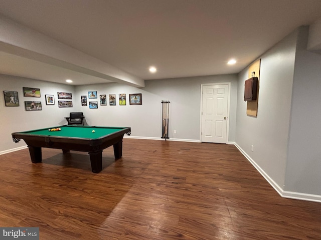 game room featuring billiards, baseboards, dark wood-type flooring, and recessed lighting