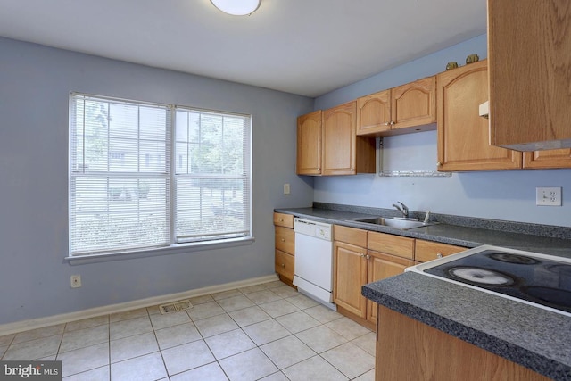 kitchen featuring a sink, visible vents, dark countertops, and dishwasher