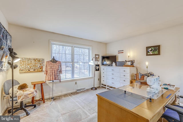 home office with baseboards, visible vents, and carpet flooring