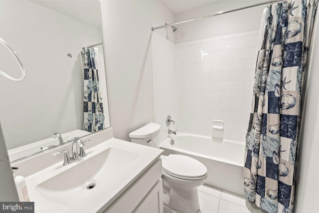 full bath with toilet, vanity, shower / bath combo with shower curtain, and tile patterned floors