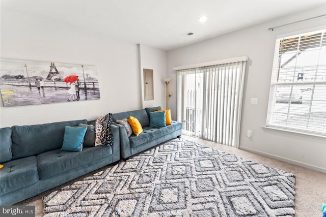 living room featuring plenty of natural light, carpet, electric panel, and baseboards