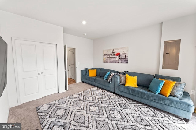 living area featuring carpet and electric panel