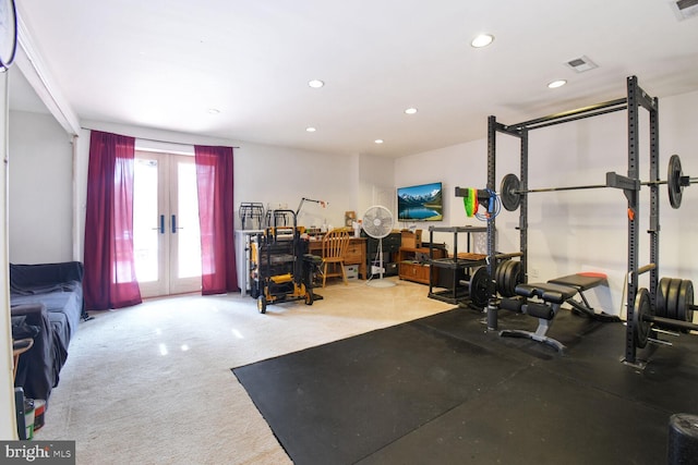 exercise area with recessed lighting, french doors, and visible vents