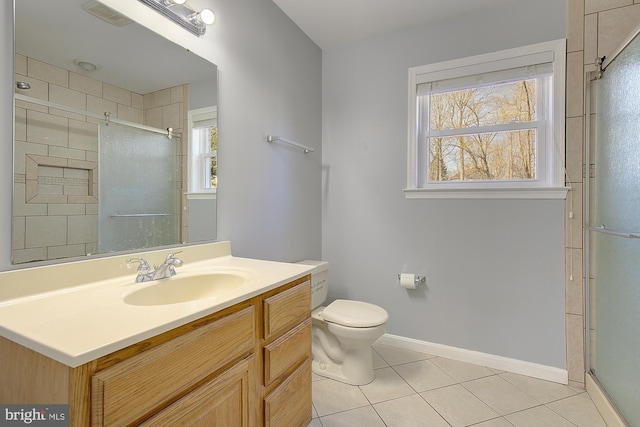 bathroom with tile patterned flooring, visible vents, a shower stall, and toilet