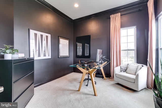 office with recessed lighting, light colored carpet, and ornamental molding