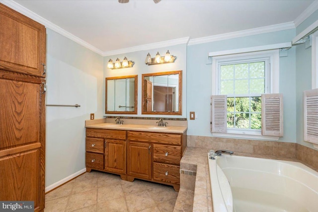 bathroom with double vanity, a garden tub, ornamental molding, and a sink