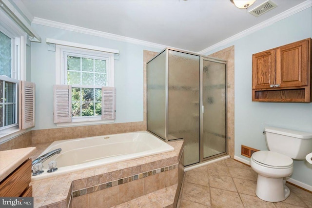 bathroom with crown molding, toilet, visible vents, and a shower stall