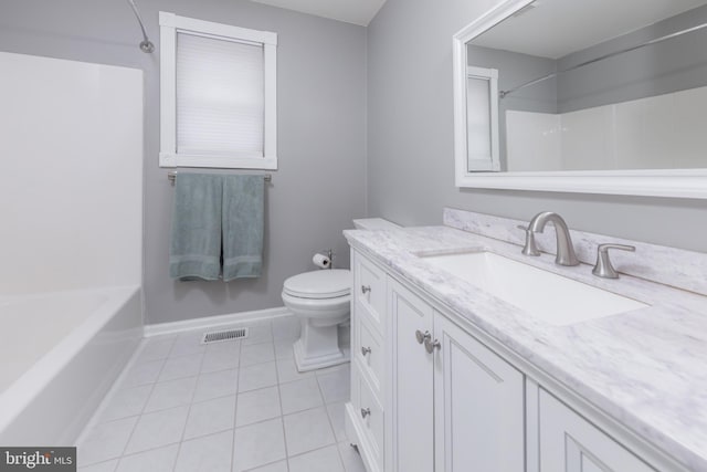 full bath with toilet, visible vents, baseboards, vanity, and tile patterned floors