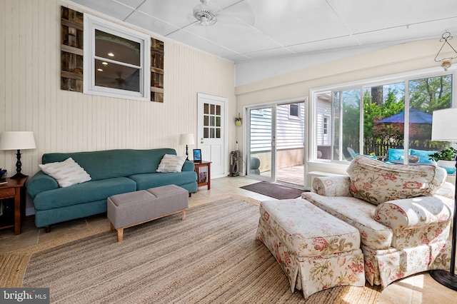 living room featuring light tile patterned flooring
