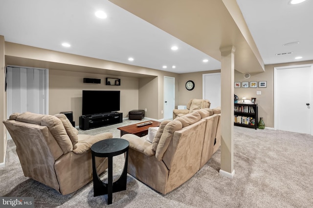 living area with recessed lighting, visible vents, carpet floors, and baseboards
