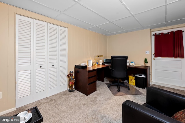 carpeted office space with a drop ceiling