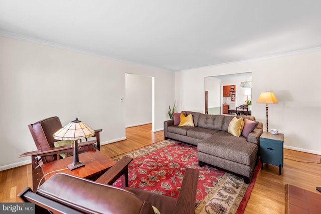 living area featuring baseboards, ornamental molding, and wood finished floors
