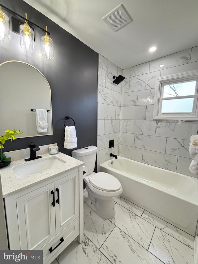 bathroom with visible vents, marble finish floor, vanity, and toilet