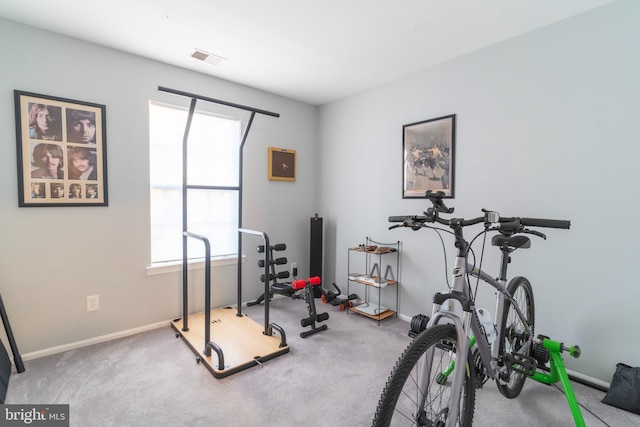 workout room featuring carpet, visible vents, and baseboards