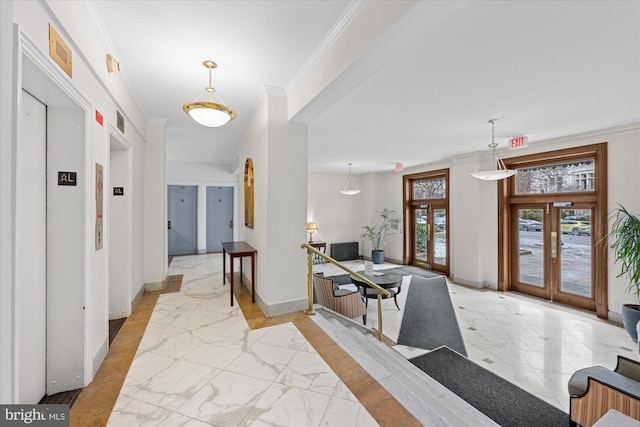 foyer featuring baseboards, elevator, marble finish floor, crown molding, and french doors