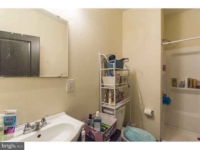 bathroom featuring a shower stall, toilet, and a sink