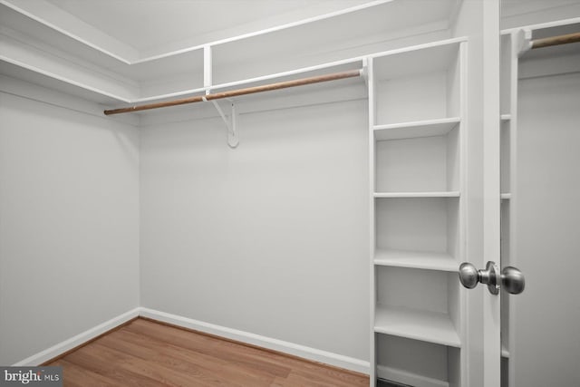 walk in closet with wood finished floors