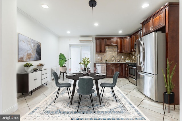 dining area with a wall unit AC, radiator heating unit, ornamental molding, light tile patterned flooring, and recessed lighting